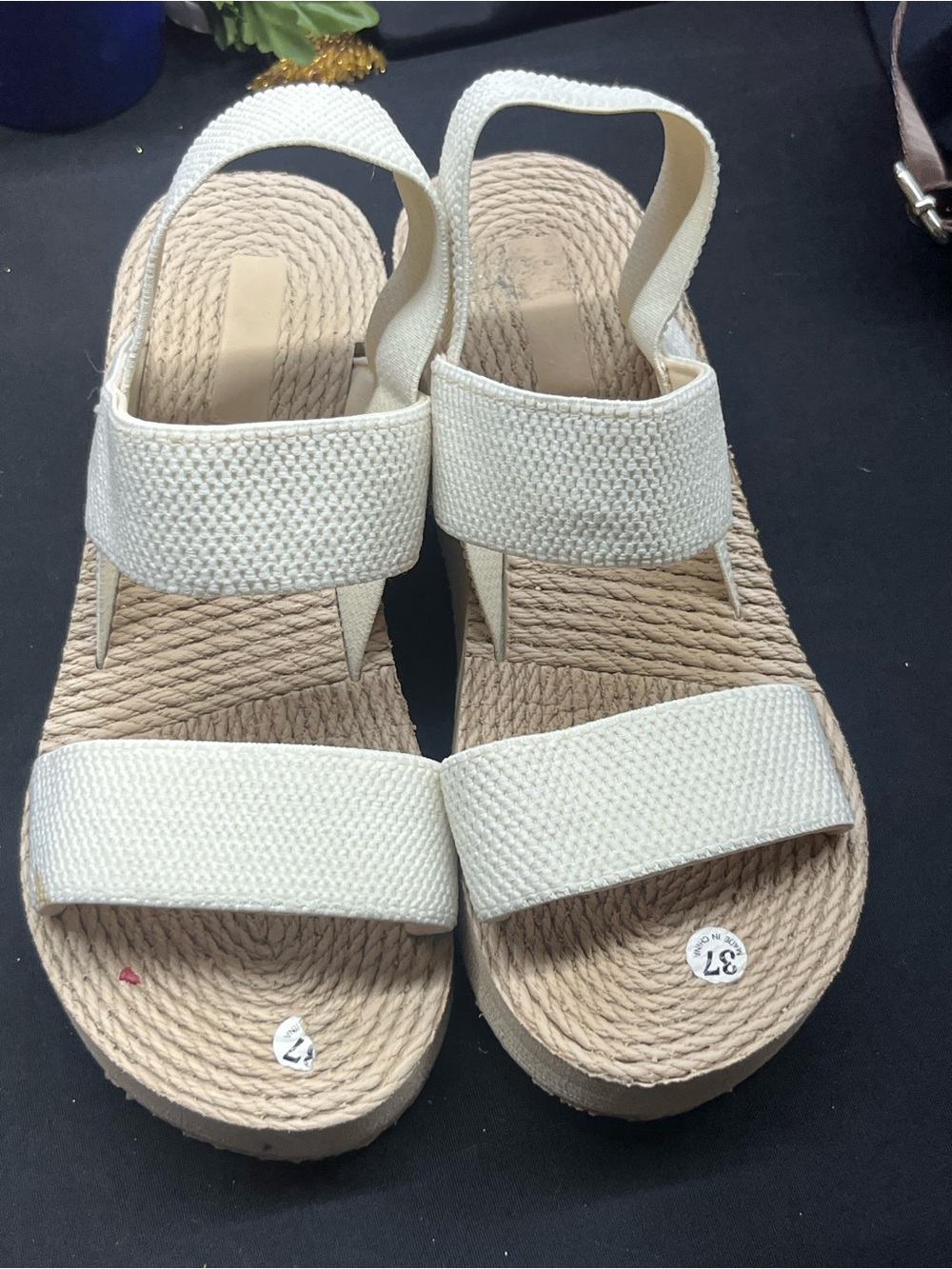 Women’s Beige/Ivory Woven Strappy Platform Wedge Sandals US 7 EU 37